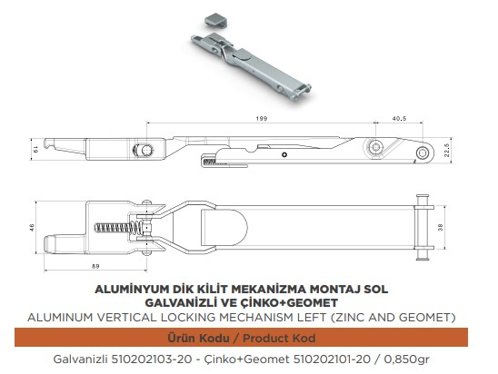 ALUMINYUM DIK KILIT MEKANIZMA MONTAJ SOL GALVENIZ